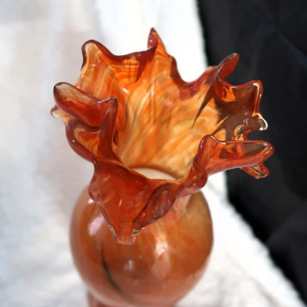 Vintage Hand Blown Orange Crackle Glass Ruffled Vase 9In Eye Catcher Home Decor